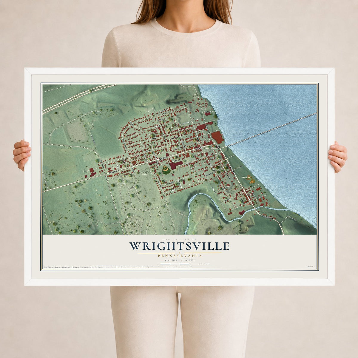 Map of Wrightsville, Pennsylvania, 24 x 36 inch print in a white wood frame