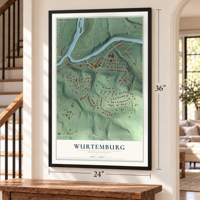 Wurtemburg, Pennsylvania map, 24 x 36 inch print in a black frame by a staircase