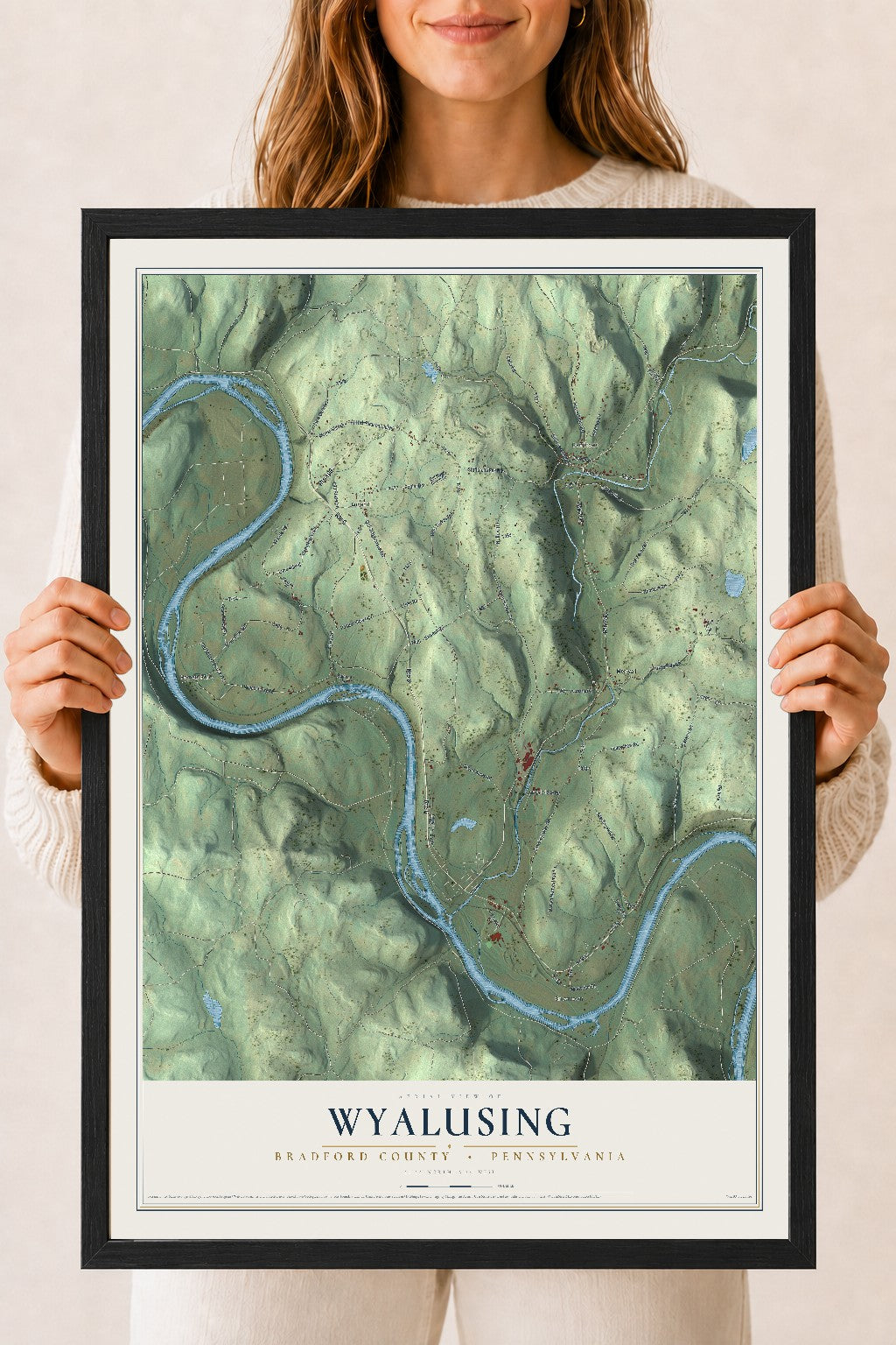 Map of Wyalusing, Bradford County, Pennsylvania, 18 x 24 inch print in a black wood frame