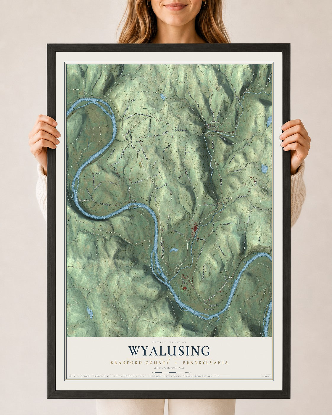 Map of Wyalusing, Bradford County, Pennsylvania, 24 x 36 inch print in a black wood frame