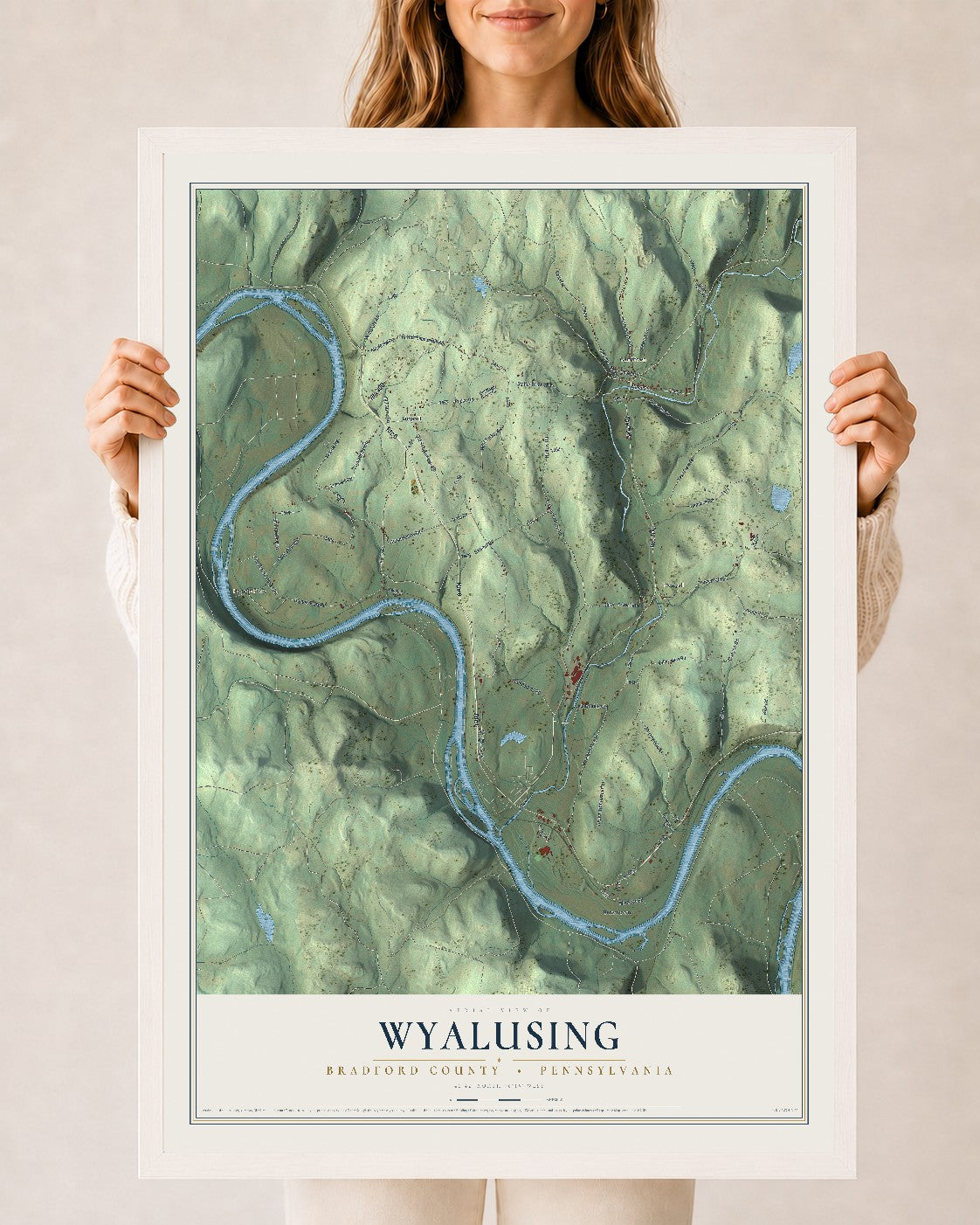 Map of Wyalusing, Bradford County, Pennsylvania, 24 x 36 inch print in a white wood frame