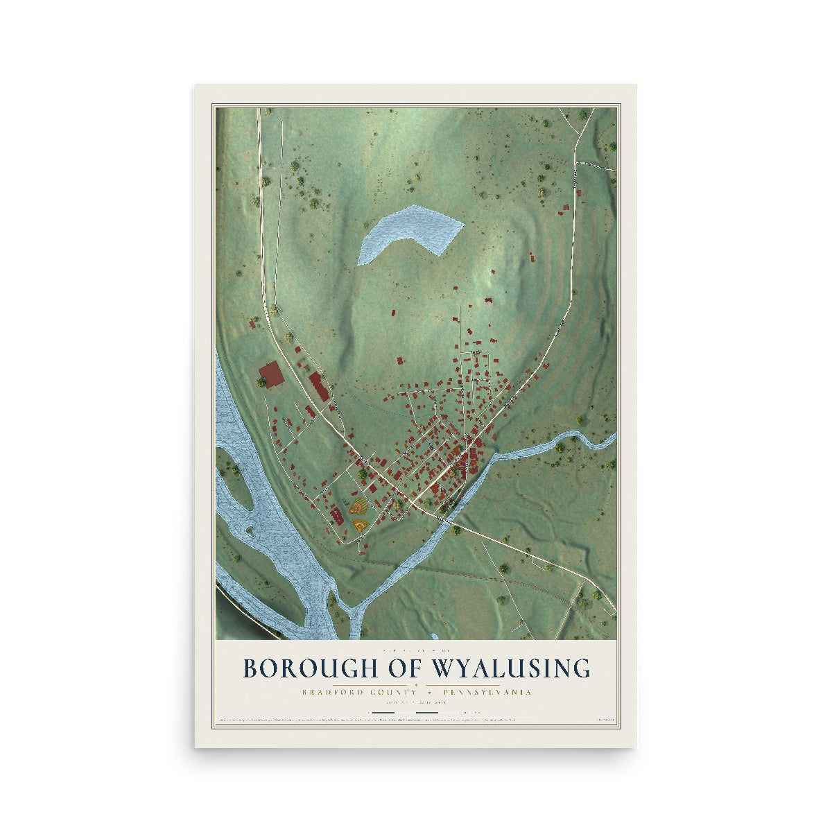 Map of the Borough of Wyalusing, Bradford County, Pennsylvania, 12 x 18 inch unframed archival matte print