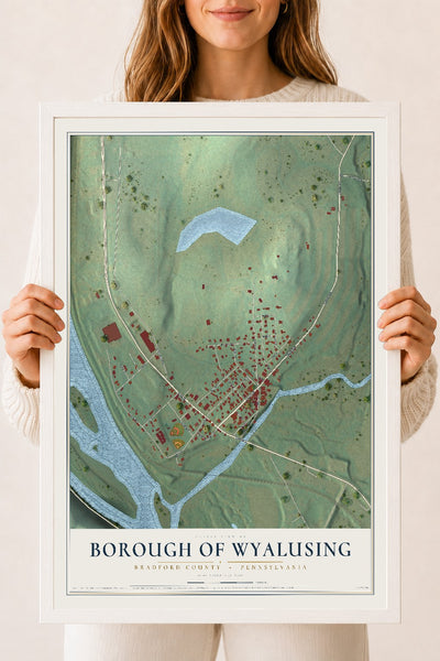 Map of the Borough of Wyalusing, Bradford County, Pennsylvania, 18 x 24 inch print in a white wood frame
