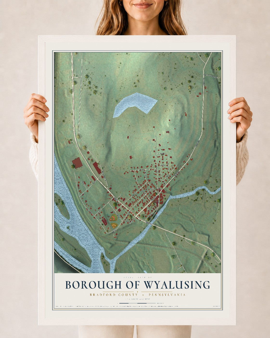 Map of the Borough of Wyalusing, Bradford County, Pennsylvania, 24 x 36 inch print in a white wood frame