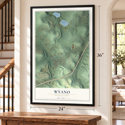 Wyano, Pennsylvania map, 24 x 36 inch print in a black frame by a staircase