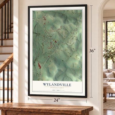 Wylandville, Pennsylvania map, 24 x 36 inch print in a black frame by a staircase