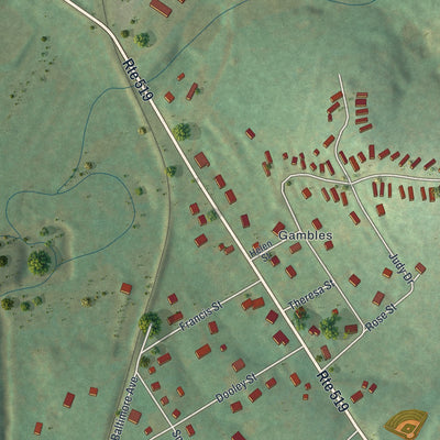 Close-up of the map of Wylandville, Pennsylvania print showing street and building detail