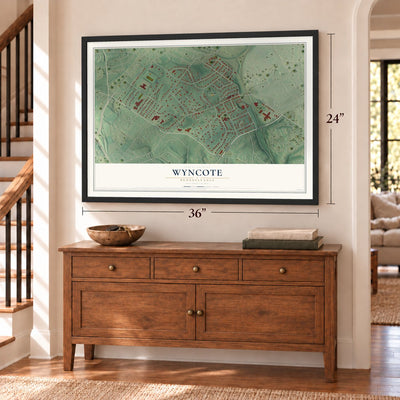 Wyncote, Pennsylvania map, 24 x 36 inch print in a black frame above a dresser by a staircase