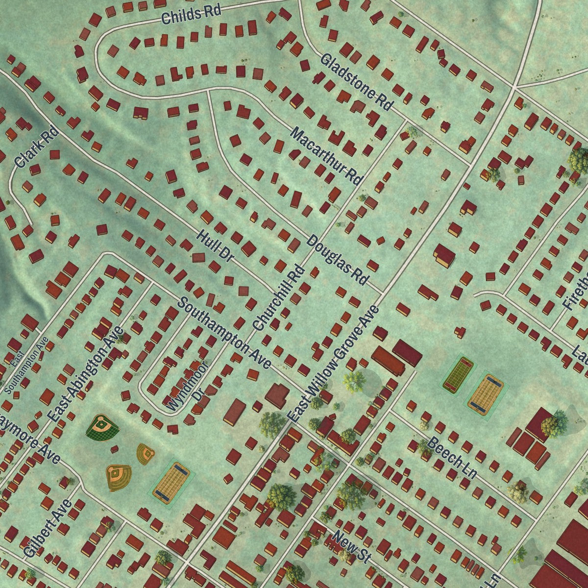 Close-up of the map of Wyndmoor, Pennsylvania print showing street and building detail