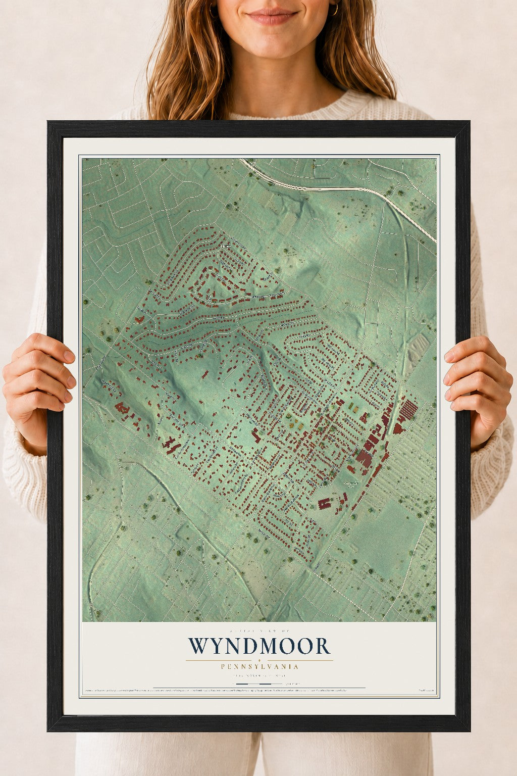 Map of Wyndmoor, Pennsylvania, 18 x 24 inch print in a black wood frame