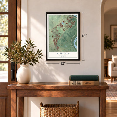 Wynnefield, Pennsylvania map, 12 x 18 inch print in a black frame in an entryway