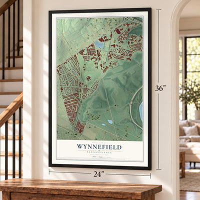 Wynnefield, Pennsylvania map, 24 x 36 inch print in a black frame by a staircase
