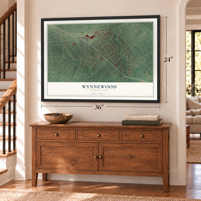 Wynnewood, Pennsylvania map, 24 x 36 inch print in a black frame above a dresser by a staircase
