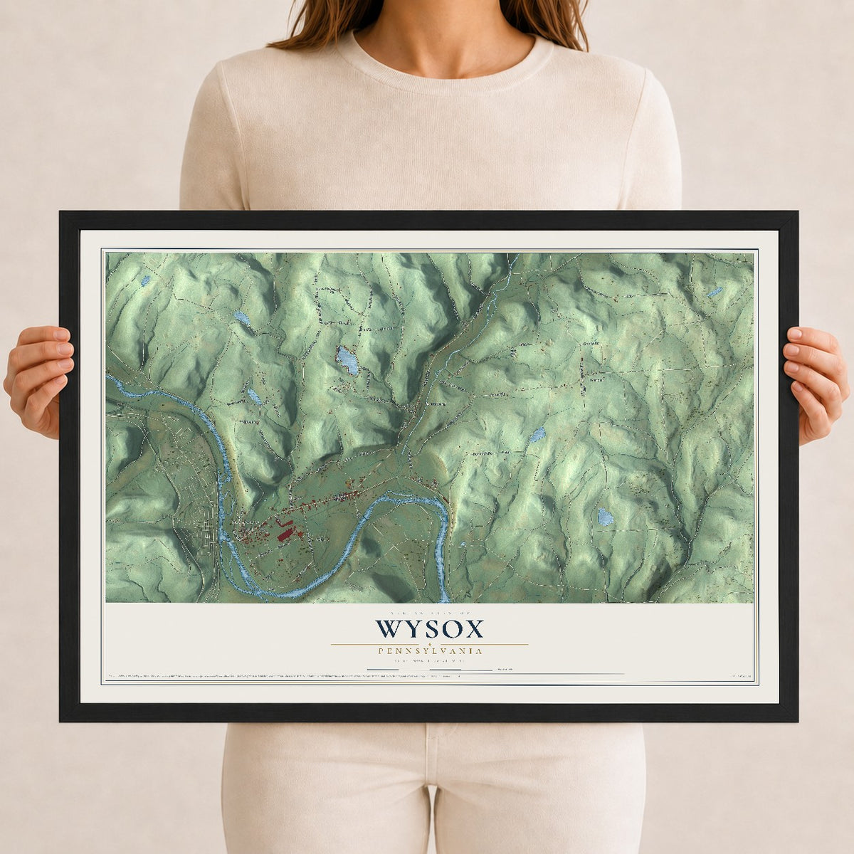 Map of Wysox, Pennsylvania, 12 x 18 inch print in a black wood frame