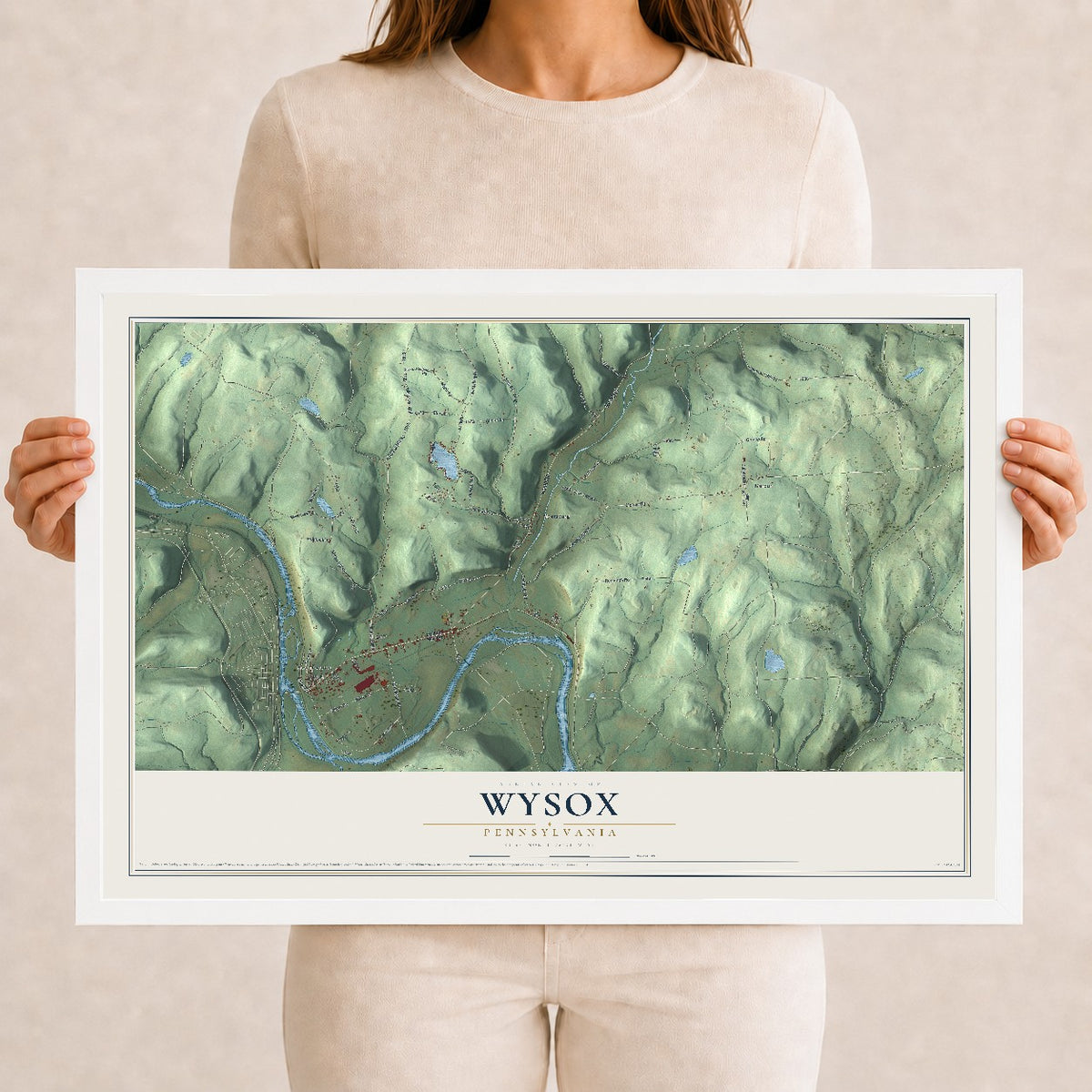 Map of Wysox, Pennsylvania, 12 x 18 inch print in a white wood frame
