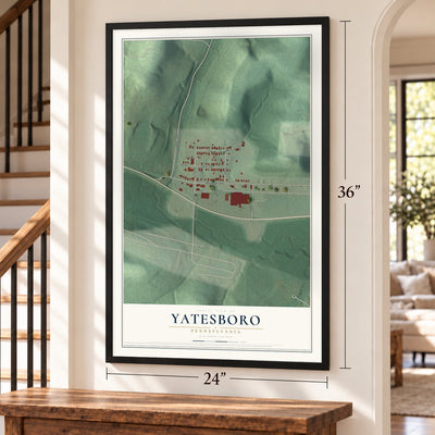 Yatesboro, Pennsylvania map, 24 x 36 inch print in a black frame by a staircase