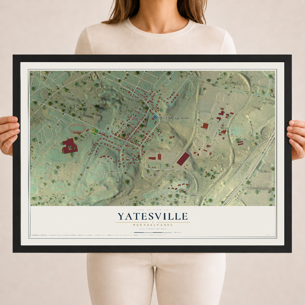 Map of Yatesville, Pennsylvania, 18 x 24 inch print in a black wood frame