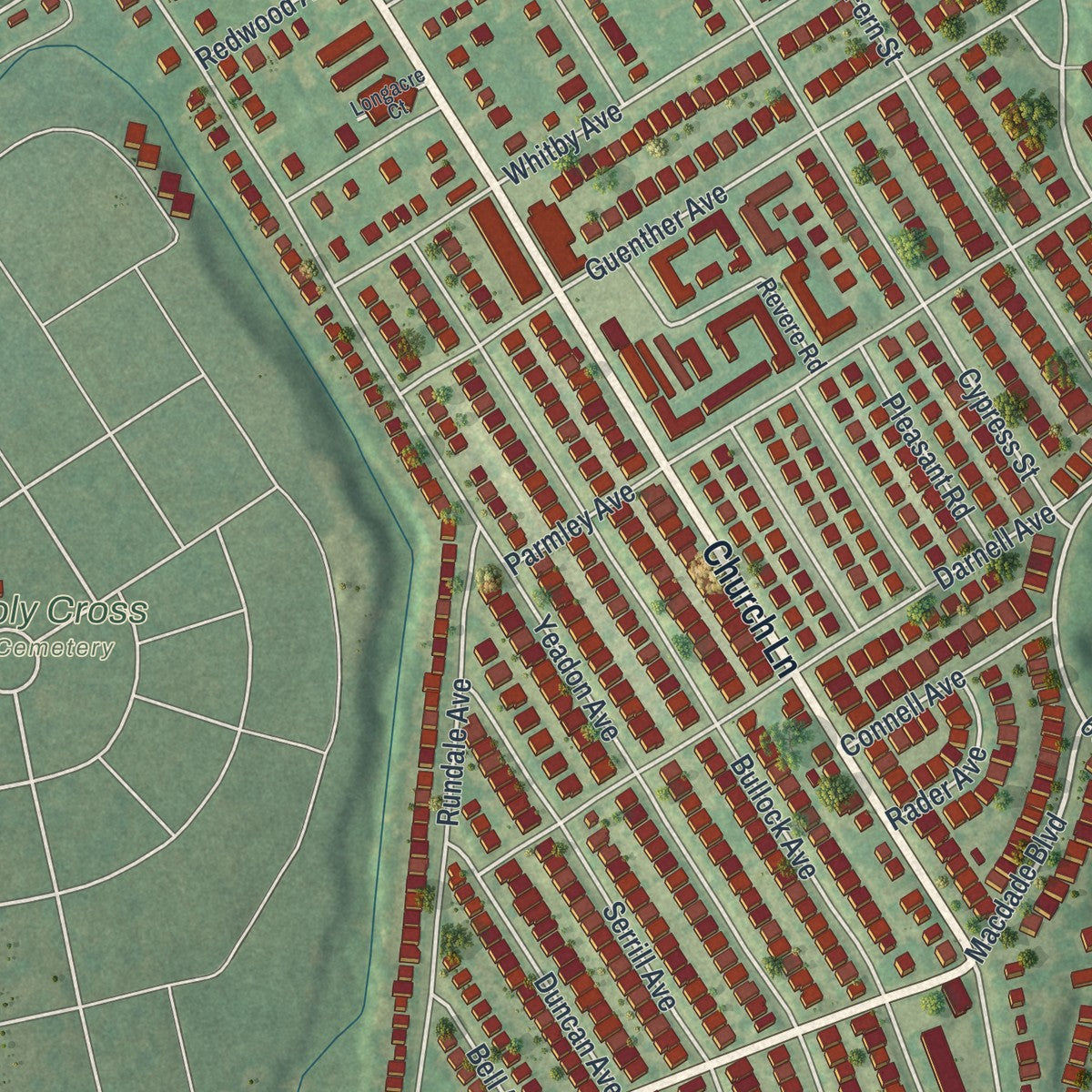 Close-up of the map of Yeadon, Pennsylvania print showing street and building detail