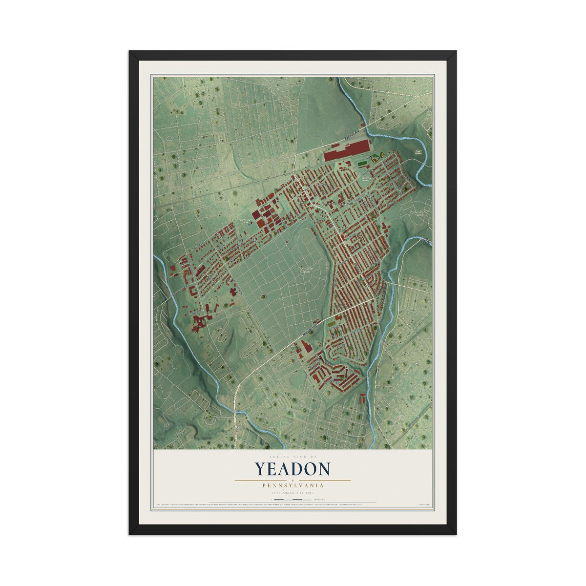 Map of Yeadon, Pennsylvania, 12 x 18 inch print in a black wood frame