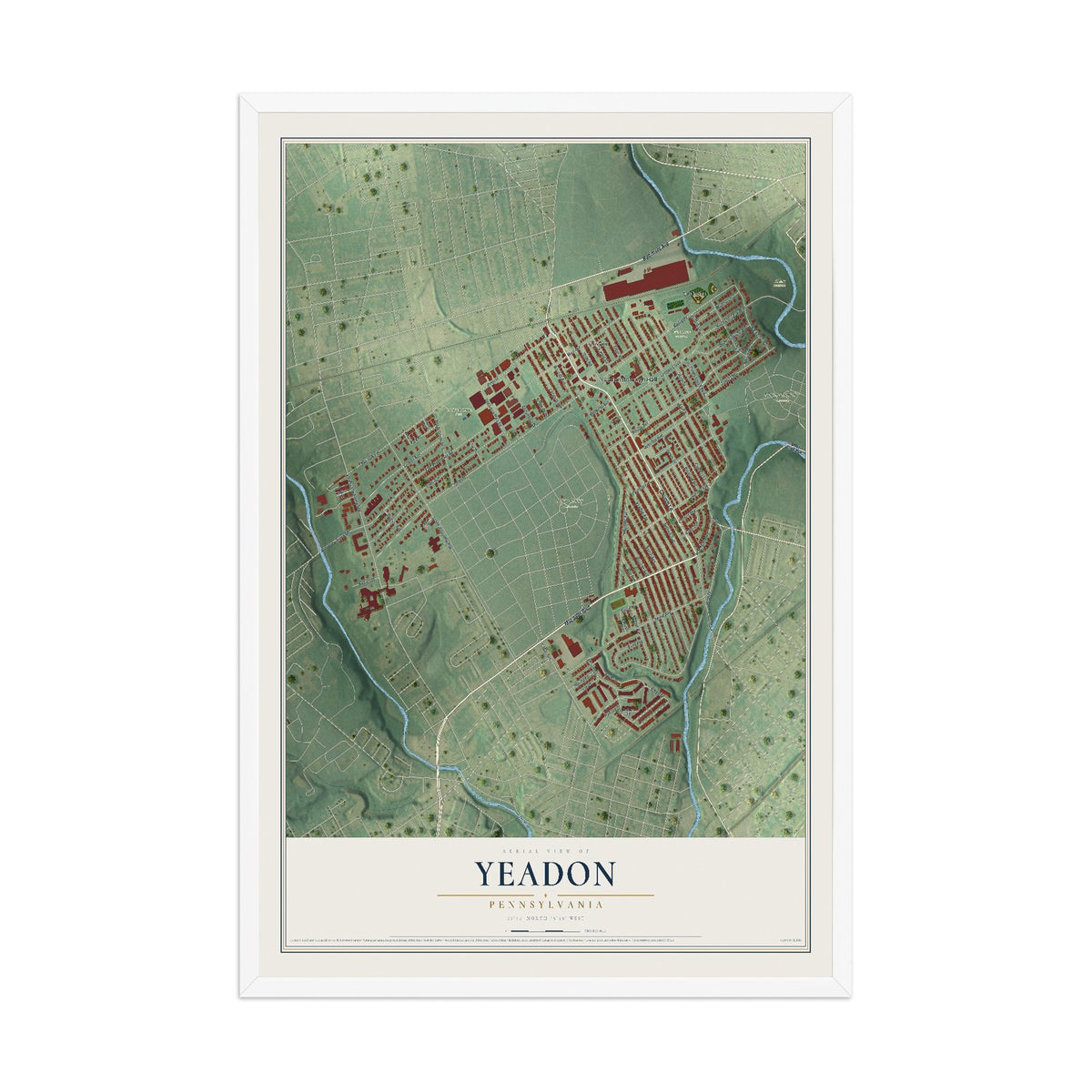 Map of Yeadon, Pennsylvania, 12 x 18 inch print in a white wood frame