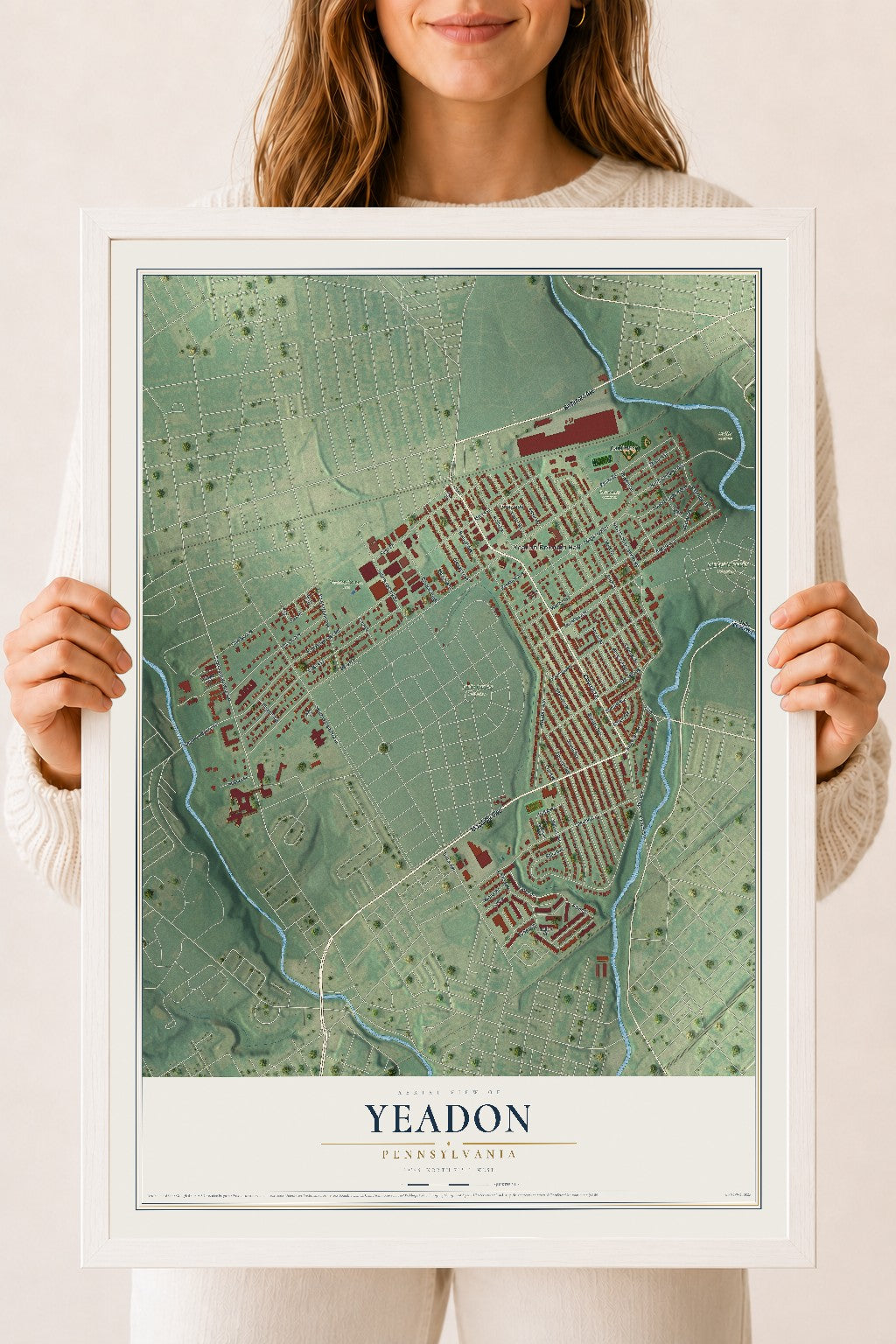 Map of Yeadon, Pennsylvania, 18 x 24 inch print in a white wood frame