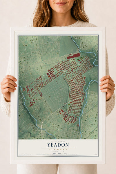 Map of Yeadon, Pennsylvania, 18 x 24 inch print in a white wood frame