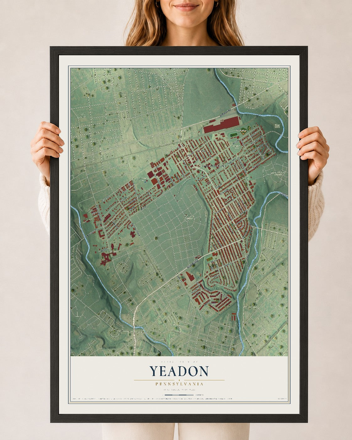 Map of Yeadon, Pennsylvania, 24 x 36 inch print in a black wood frame