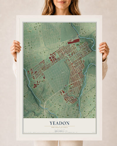 Map of Yeadon, Pennsylvania, 24 x 36 inch print in a white wood frame