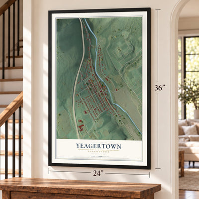 Yeagertown, Pennsylvania map, 24 x 36 inch print in a black frame by a staircase