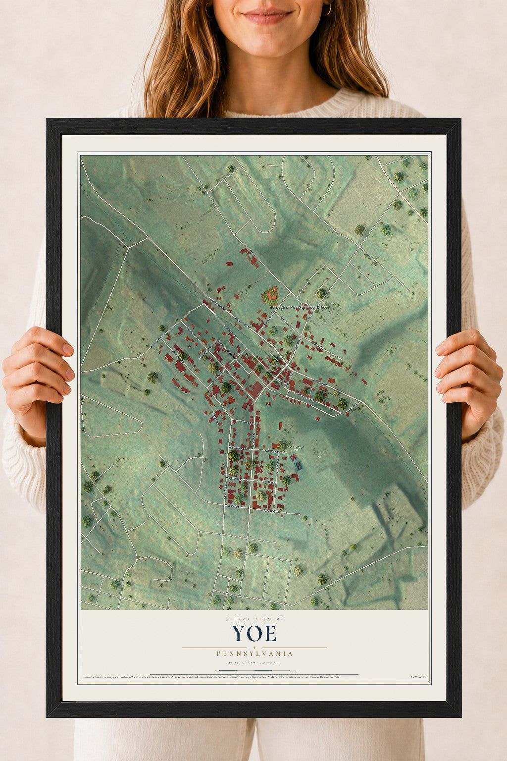 Map of Yoe, Pennsylvania, 18 x 24 inch print in a black wood frame