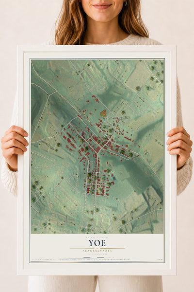 Map of Yoe, Pennsylvania, 18 x 24 inch print in a white wood frame