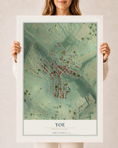 Map of Yoe, Pennsylvania, 24 x 36 inch print in a white wood frame