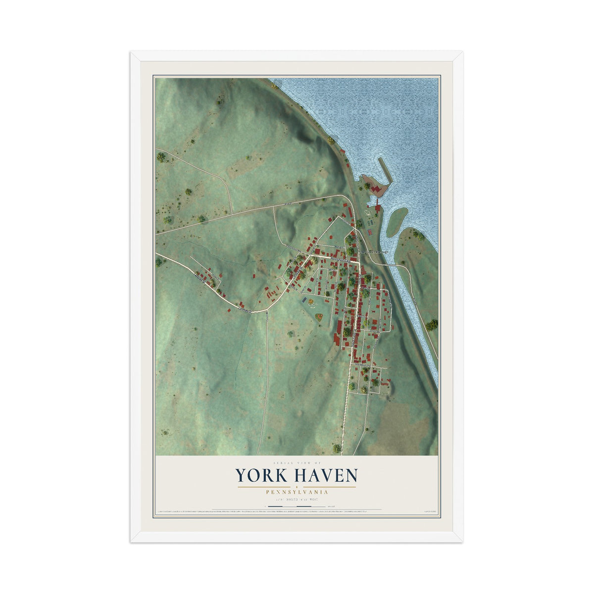 Map of York Haven, Pennsylvania, 12 x 18 inch print in a white wood frame