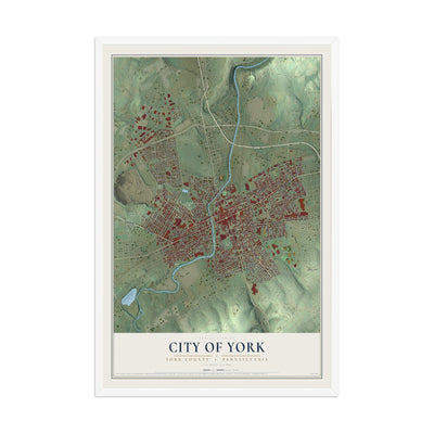 Map of the City of York, York County, Pennsylvania, 12 x 18 inch print in a white wood frame