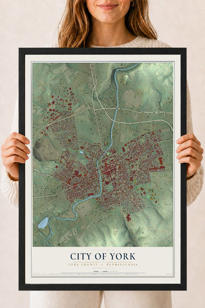 Map of the City of York, York County, Pennsylvania, 18 x 24 inch print in a black wood frame