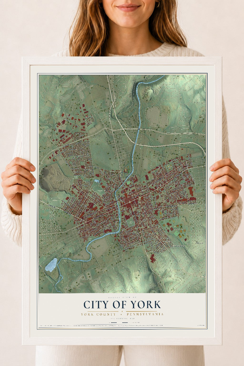 Map of the City of York, York County, Pennsylvania, 18 x 24 inch print in a white wood frame