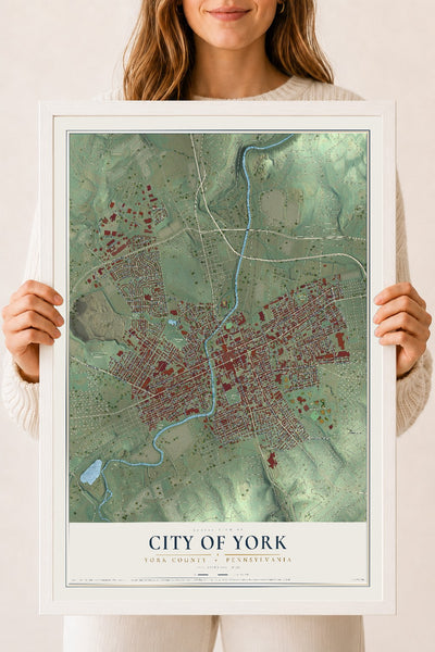 Map of the City of York, York County, Pennsylvania, 18 x 24 inch print in a white wood frame