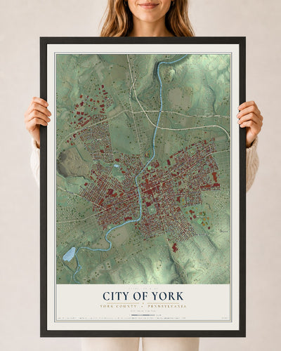 Map of the City of York, York County, Pennsylvania, 24 x 36 inch print in a black wood frame
