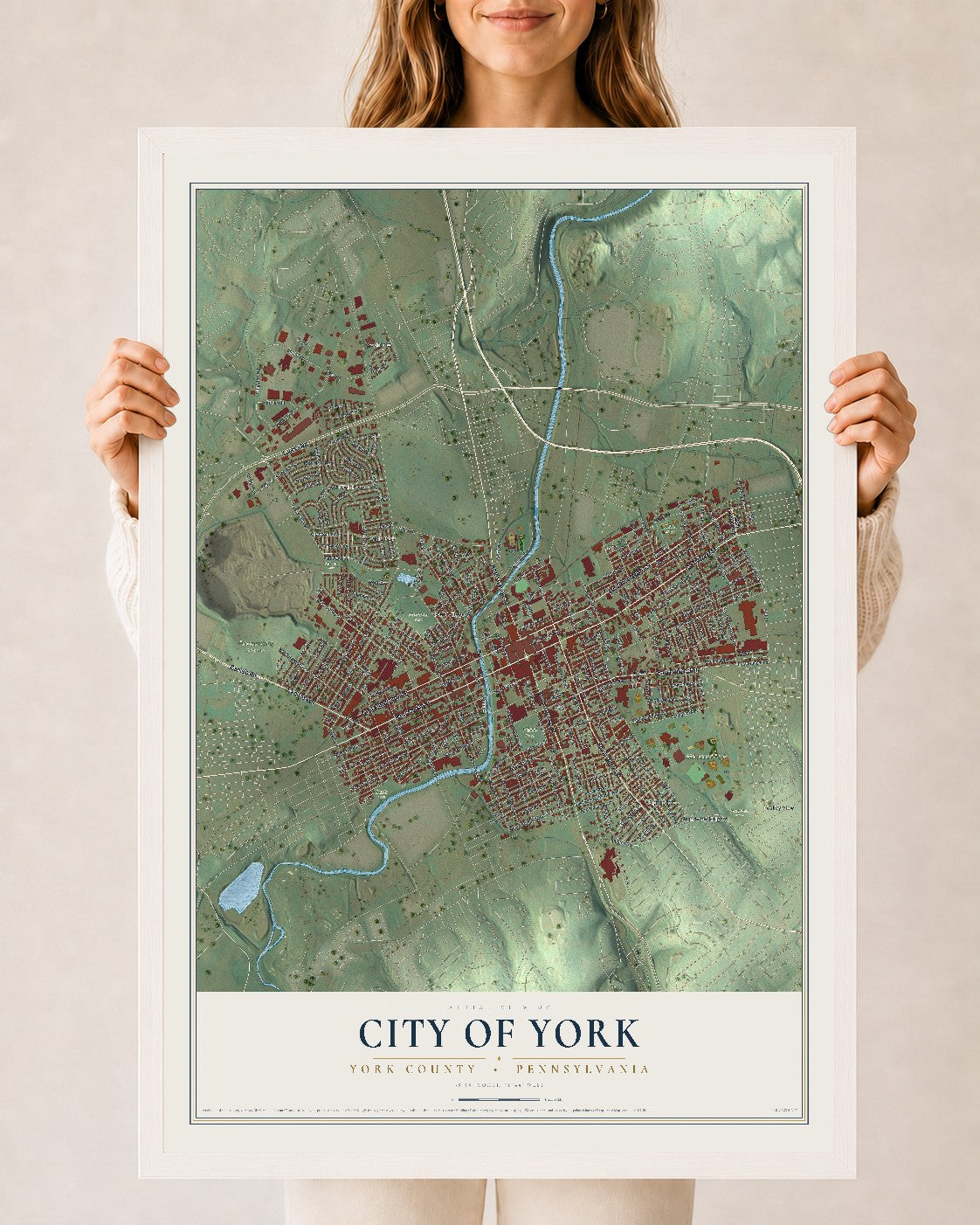 Map of the City of York, York County, Pennsylvania, 24 x 36 inch print in a white wood frame