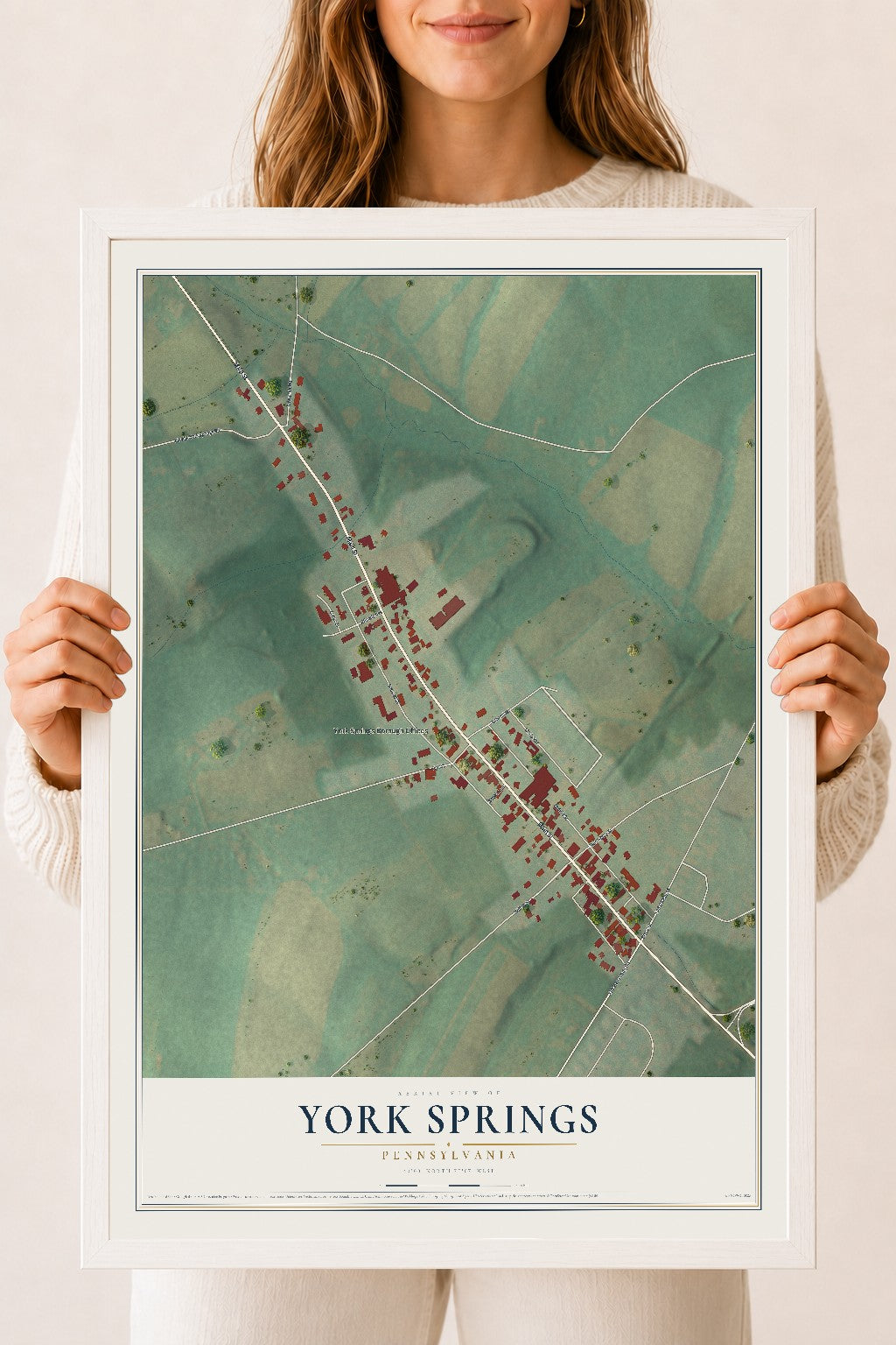 Map of York Springs, Pennsylvania, 18 x 24 inch print in a white wood frame