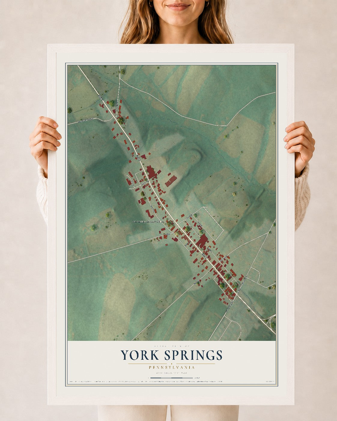 Map of York Springs, Pennsylvania, 24 x 36 inch print in a white wood frame