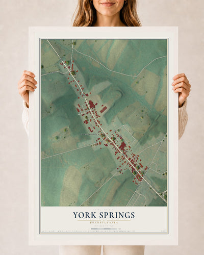 Map of York Springs, Pennsylvania, 24 x 36 inch print in a white wood frame