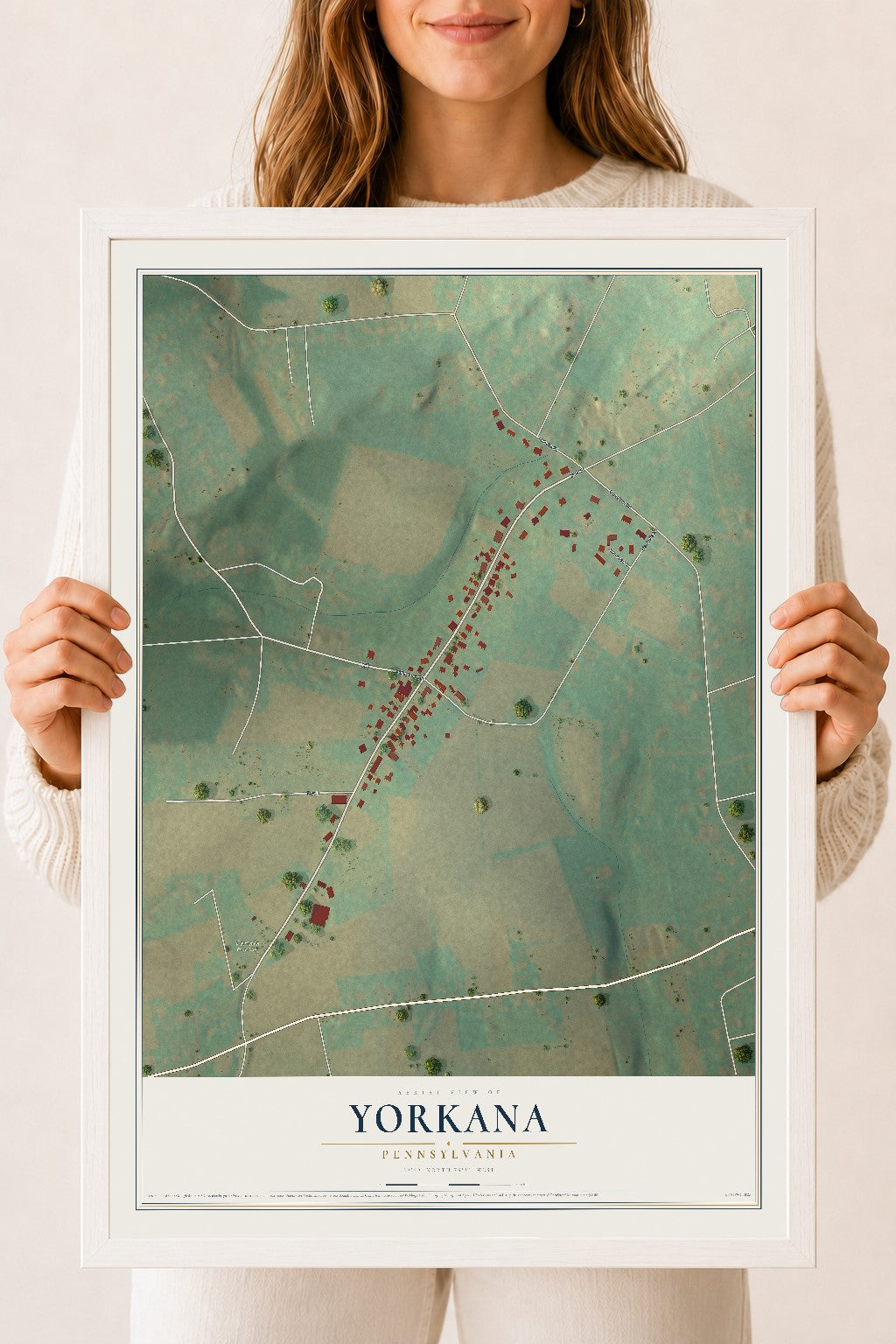 Map of Yorkana, Pennsylvania, 18 x 24 inch print in a white wood frame