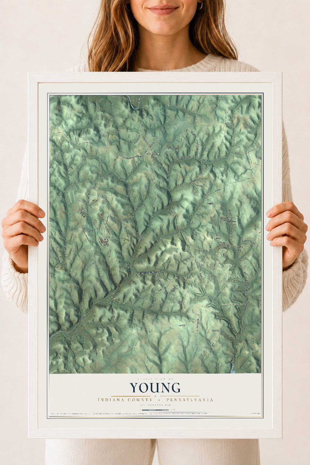 Map of Young, Indiana County, Pennsylvania, 18 x 24 inch print in a white wood frame