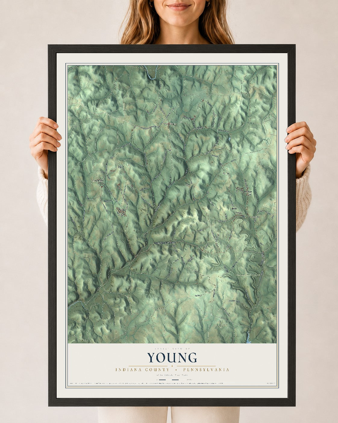 Map of Young, Indiana County, Pennsylvania, 24 x 36 inch print in a black wood frame