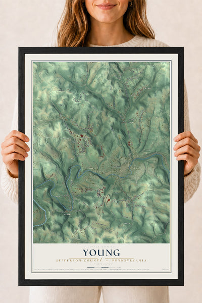 Map of Young, Jefferson County, Pennsylvania, 18 x 24 inch print in a black wood frame