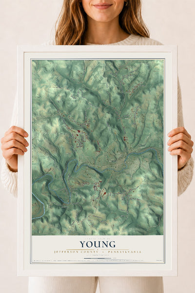 Map of Young, Jefferson County, Pennsylvania, 18 x 24 inch print in a white wood frame