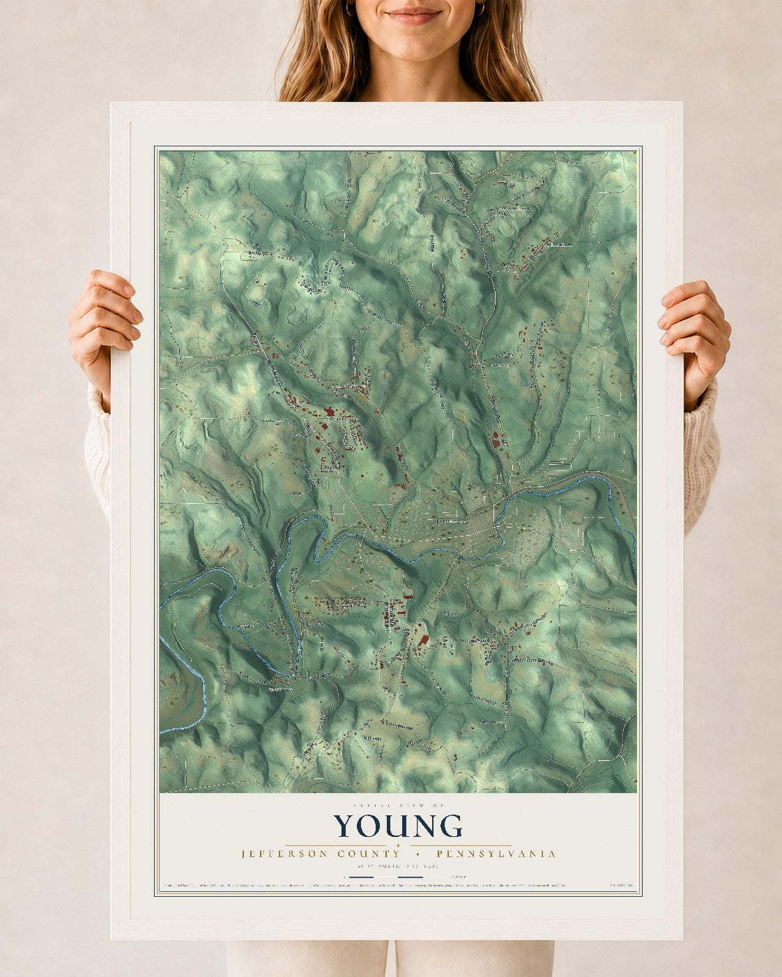 Map of Young, Jefferson County, Pennsylvania, 24 x 36 inch print in a white wood frame