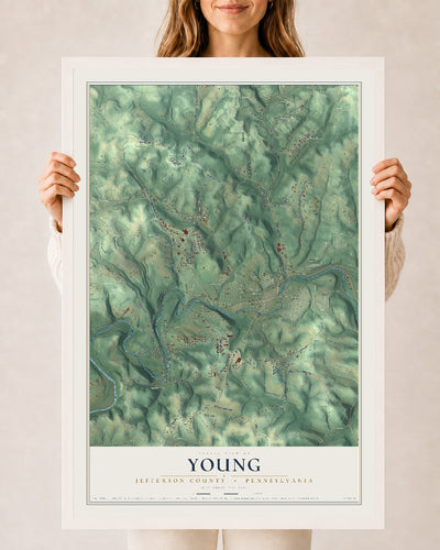 Map of Young, Jefferson County, Pennsylvania, 24 x 36 inch print in a white wood frame
