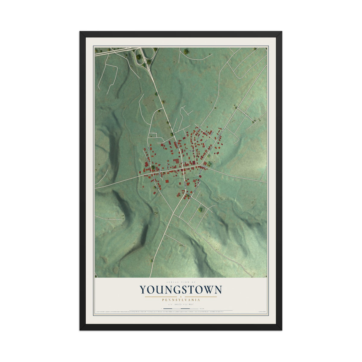Map of Youngstown, Pennsylvania, 12 x 18 inch print in a black wood frame